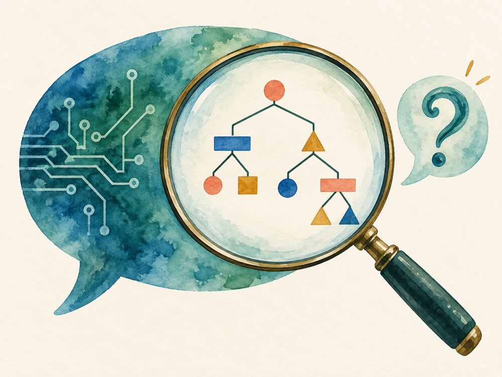 A magnifying glass examining an AI speech bubble, revealing word groupings or sentence structure.