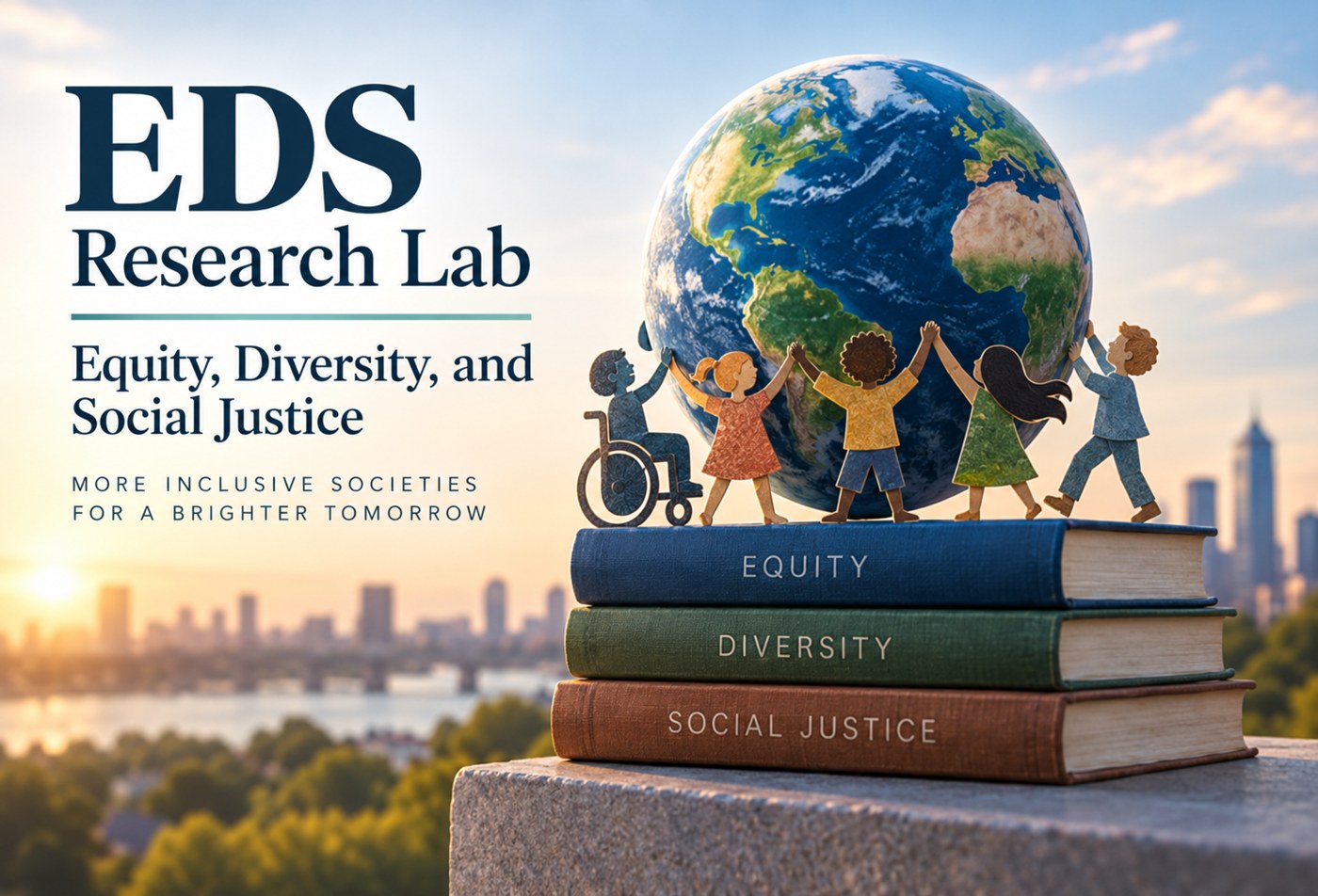 EDS Research Lab: Equity, Diversity, and Social Justice. Paper-chain figures holding hands around a globe on books labelled Equity, Diversity, Social Justice, with a city skyline at sunrise