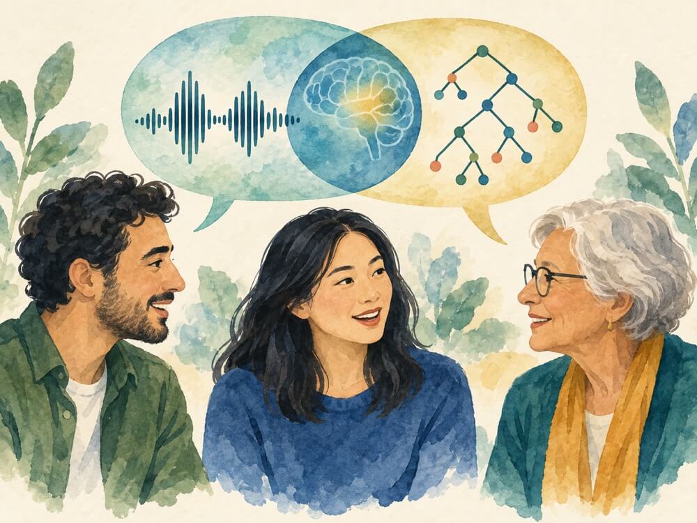 People of different ages in conversation, with subtle patterns drawn from their speech.