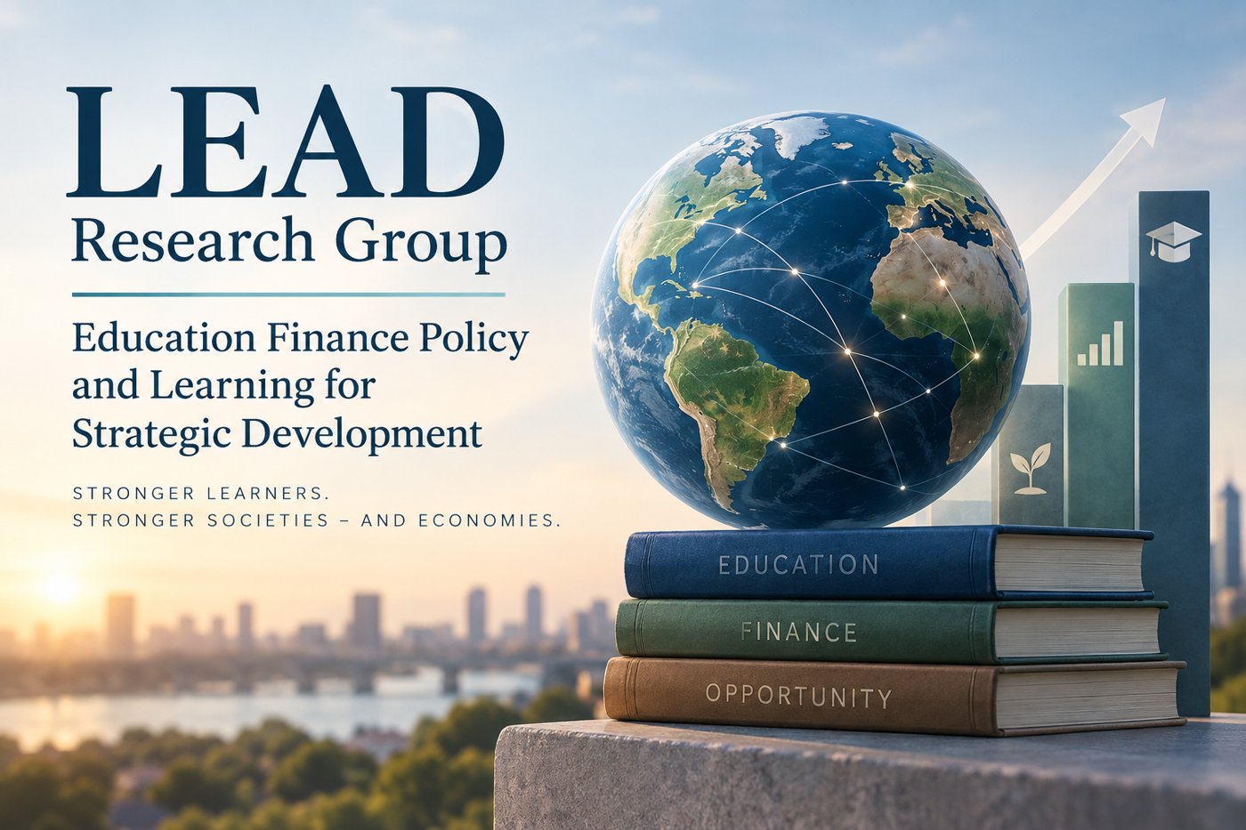 LEAD Research Group: Education Finance Policy and Learning for Strategic Development. Globe over books labelled Education, Finance, Opportunity, with a city skyline at sunrise