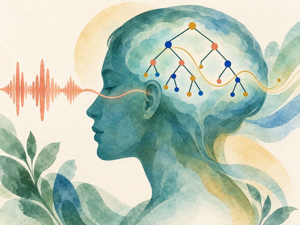 A human profile with a speech waveform that connects to branching linguistic structure.