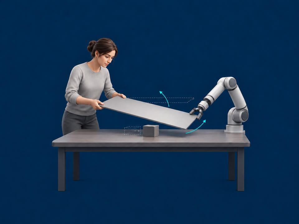 Conceptual illustration of a person and robot adjusting a shared object around a changed obstacle.
