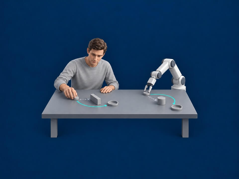 Conceptual illustration of a person refining a movement strategy and a robot applying the same principle to a different task.