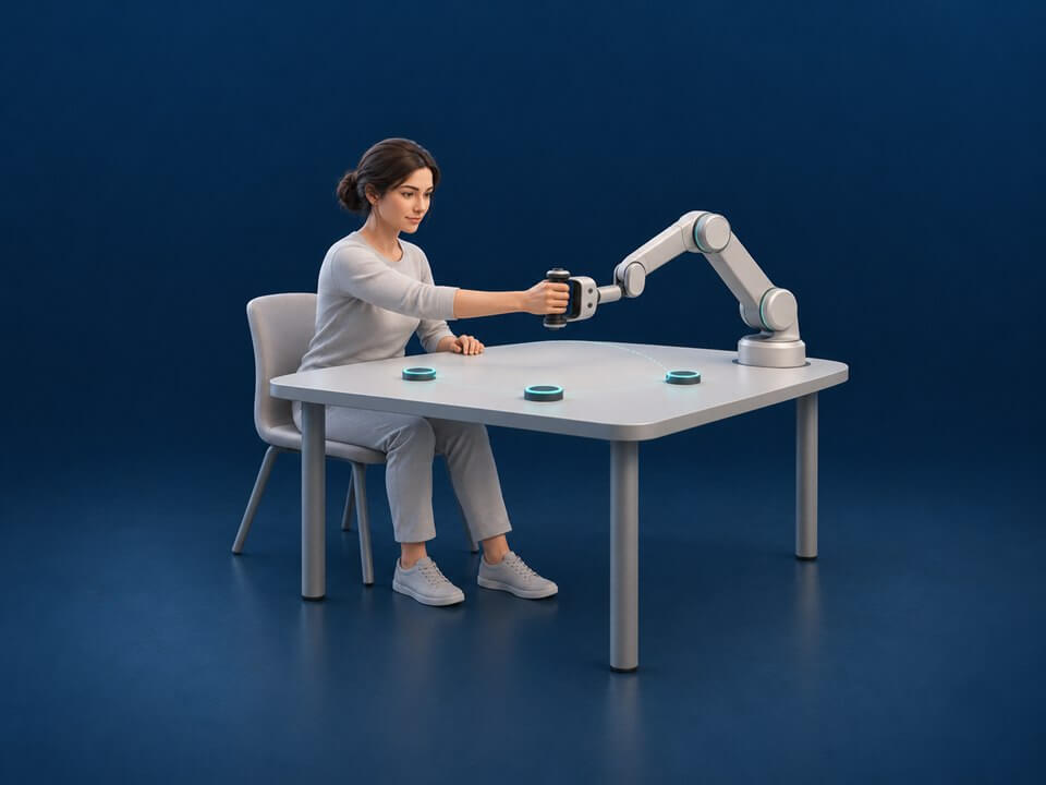 Conceptual illustration of personalized functional practice with interactive feedback and robotic assistance.