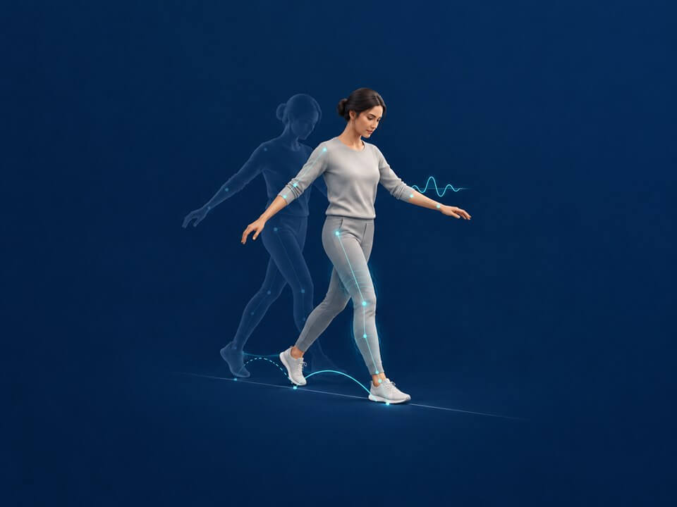 Conceptual illustration of a person balancing, with motion traces and subtle representations of functional assessment.