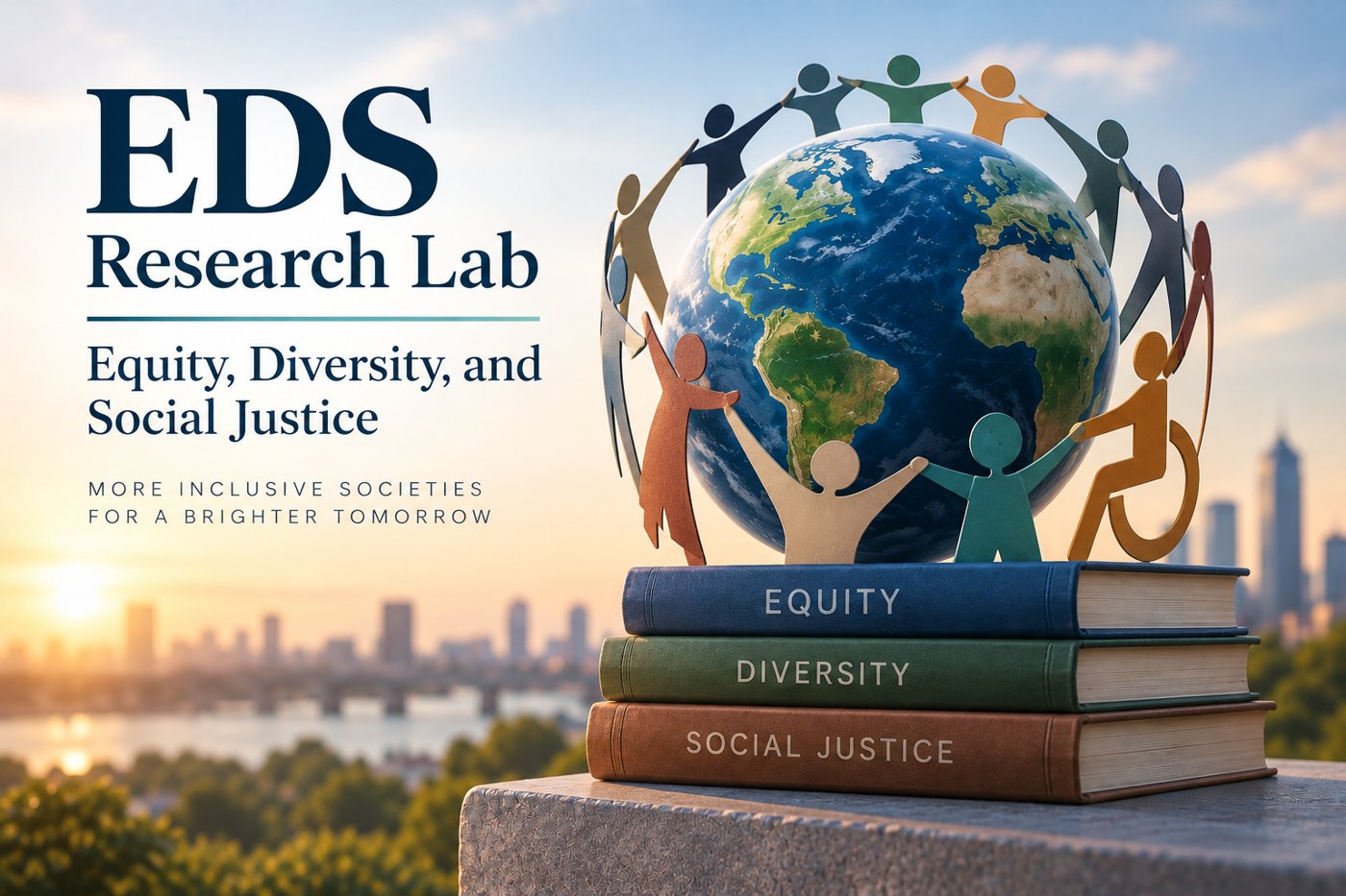EDS Research Lab: Equity, Diversity, and Social Justice. Colourful paper figures joining hands around a globe on books labelled Equity, Diversity, Social Justice