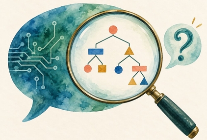 A magnifying glass examining an AI speech bubble, revealing word groupings or sentence structure.