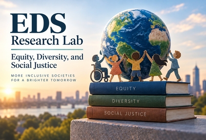 EDS Research Lab: Equity, Diversity, and Social Justice. Paper-chain figures holding hands around a globe on books labelled Equity, Diversity, Social Justice, with a city skyline at sunrise