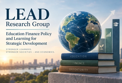 LEAD Research Group: Education Finance Policy and Learning for Strategic Development. Globe over books labelled Education, Finance, Opportunity, with a city skyline at sunrise