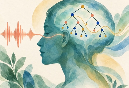 A human profile with a speech waveform that connects to branching linguistic structure.