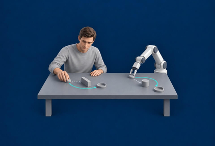 Conceptual illustration of a person refining a movement strategy and a robot applying the same principle to a different task.