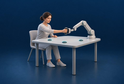 Conceptual illustration of personalized functional practice with interactive feedback and robotic assistance.