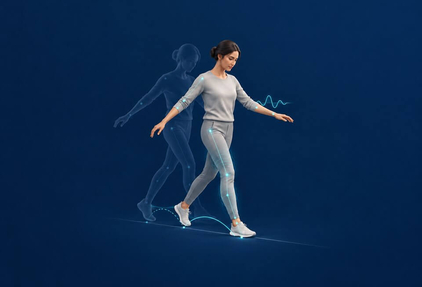 Conceptual illustration of a person balancing, with motion traces and subtle representations of functional assessment.